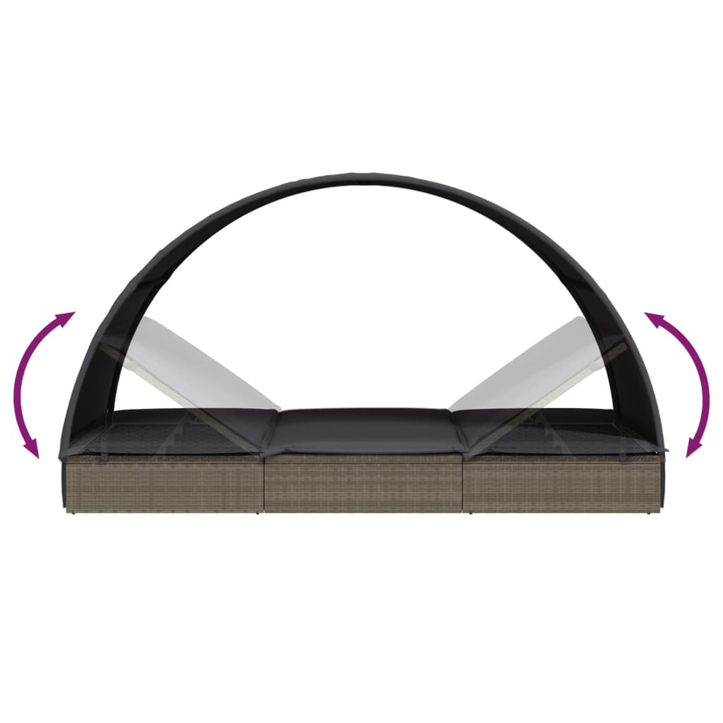 Sun lounger with round roof 211x57x140 cm PE wicker grey
