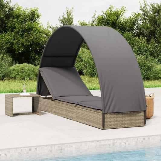 Sun lounger with round roof 211x57x140 cm PE wicker grey