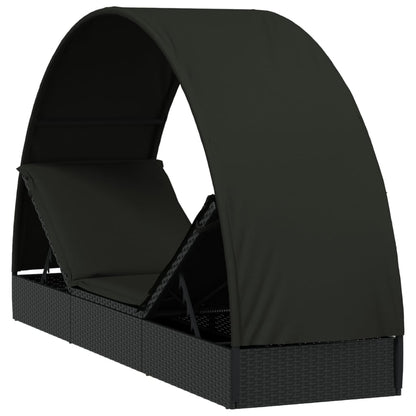 Sun lounger with round roof 211x57x140 cm black PE wicker