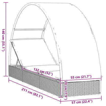Sun lounger with round roof 211x57x140 cm black PE wicker