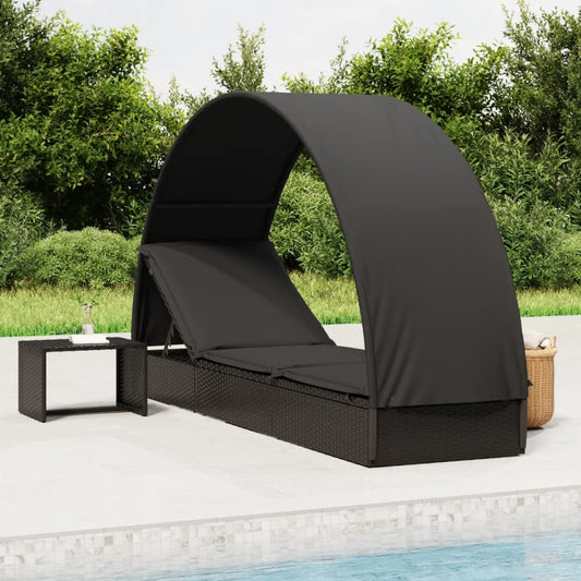 Sun lounger with round roof 211x57x140 cm black PE wicker