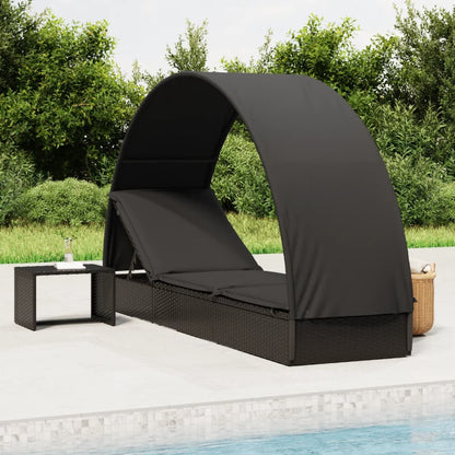 Sun lounger with round roof 211x57x140 cm black PE wicker
