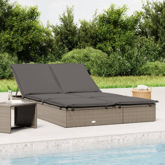 2-person sun lounger with cushions in grey poly rattan