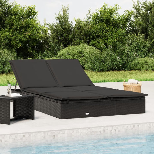 2-person sun lounger with cushions in black poly rattan