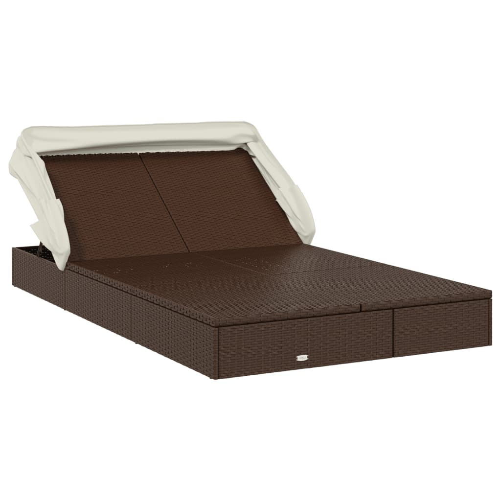 Sun lounger with folding roof for 2 people, brown PE wicker