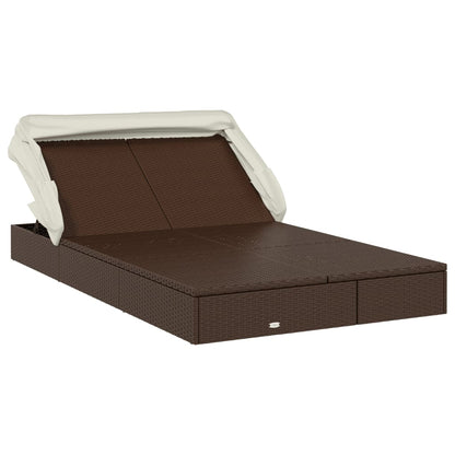 Sun lounger with folding roof for 2 people, brown PE wicker