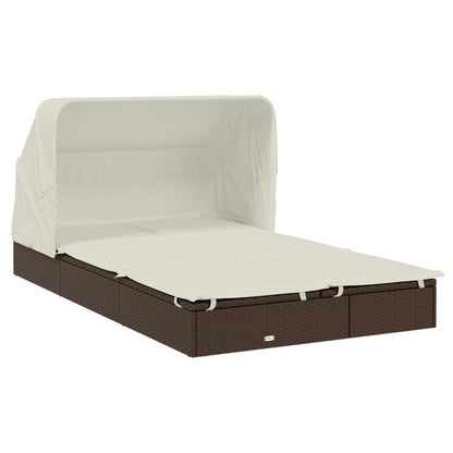 Sun lounger with folding roof for 2 people, brown PE wicker