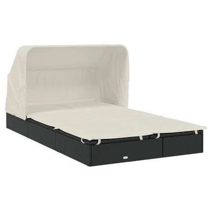 Sun lounger with folding roof for 2 people in black PE wicker
