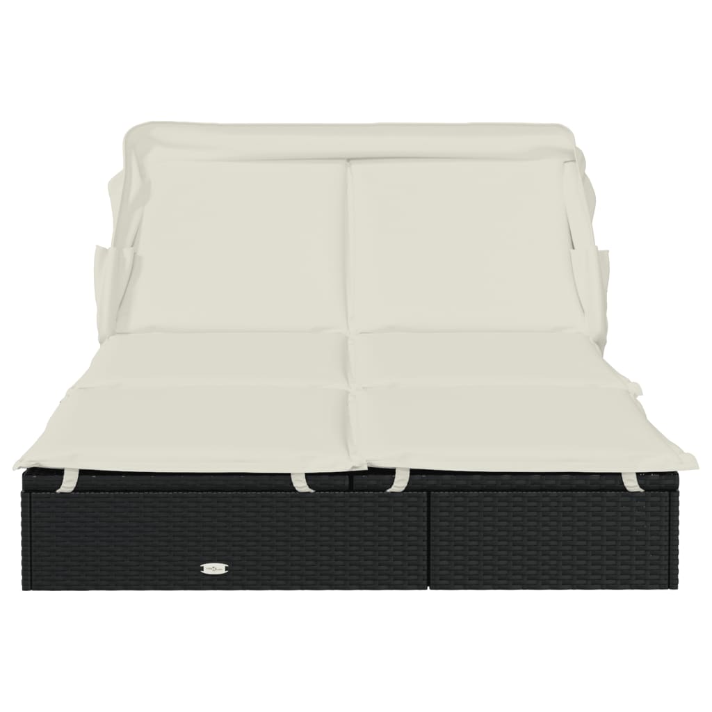 Sun lounger with folding roof for 2 people in black PE wicker
