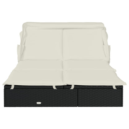 Sun lounger with folding roof for 2 people in black PE wicker