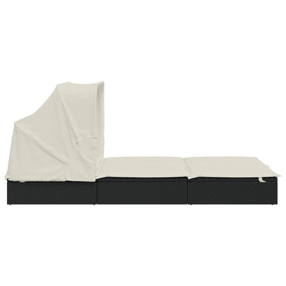 Sun lounger with folding roof for 2 people in black PE wicker