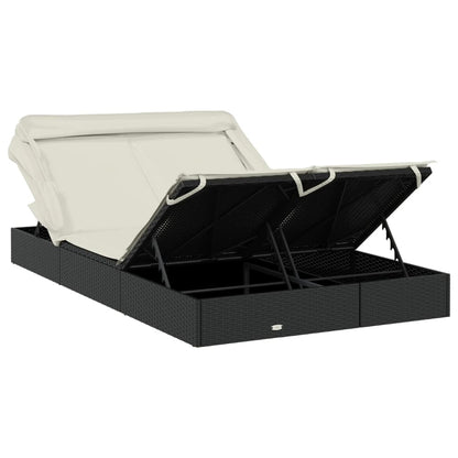 Sun lounger with folding roof for 2 people in black PE wicker