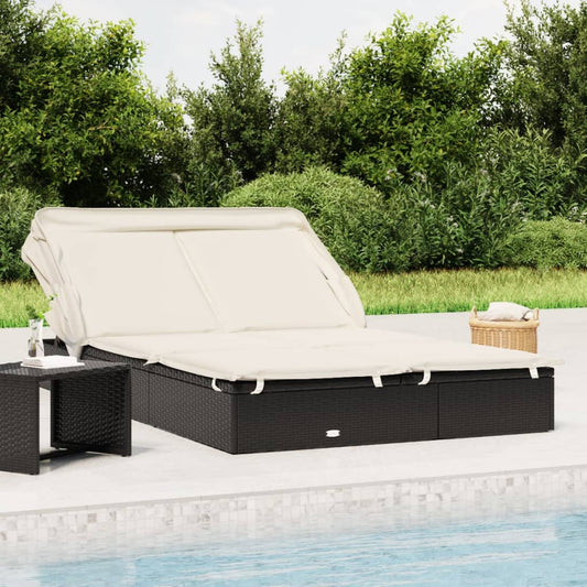 Sun lounger with folding roof for 2 people in black PE wicker