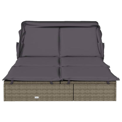 Sun lounger with folding roof for 2 people in grey poly wicker