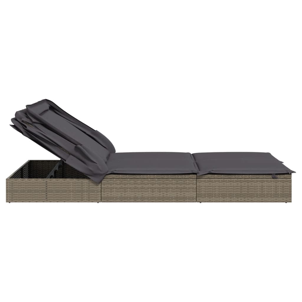 Sun lounger with folding roof for 2 people in grey poly wicker