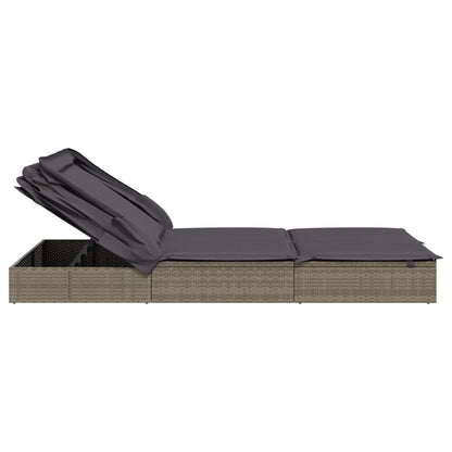 Sun lounger with folding roof for 2 people in grey poly wicker