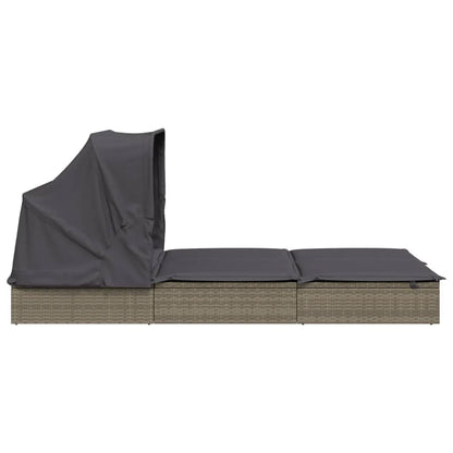 Sun lounger with folding roof for 2 people in grey poly wicker