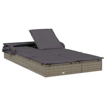Sun lounger with folding roof for 2 people in grey poly wicker