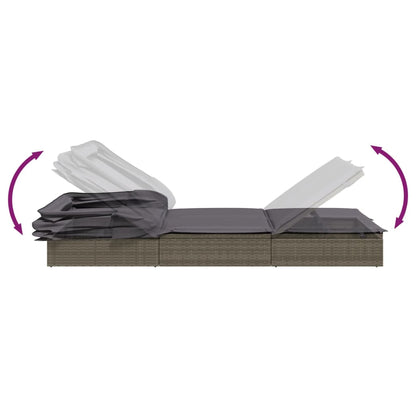 Sun lounger with folding roof for 2 people in grey poly wicker