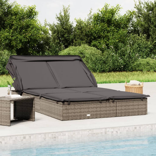 Sun lounger with folding roof for 2 people in grey poly wicker