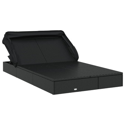 Sun lounger with folding roof for 2 people in black PE wicker