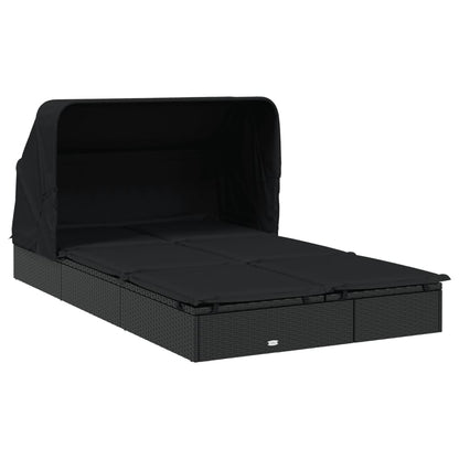 Sun lounger with folding roof for 2 people in black PE wicker