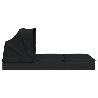 Sun lounger with folding roof for 2 people in black PE wicker