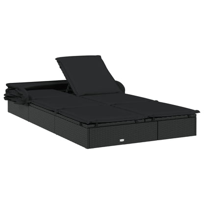 Sun lounger with folding roof for 2 people in black PE wicker