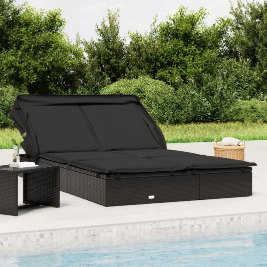 Sun lounger with folding roof for 2 people in black PE wicker