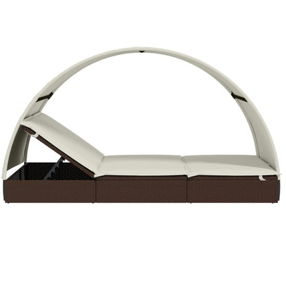 Sun lounger with round roof for 2 people in brown PE wicker