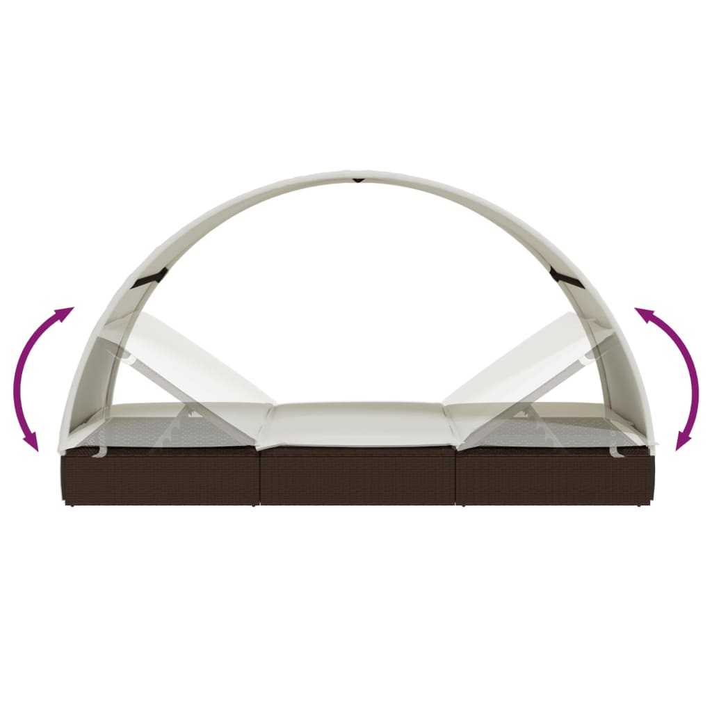 Sun lounger with round roof for 2 people in brown PE wicker