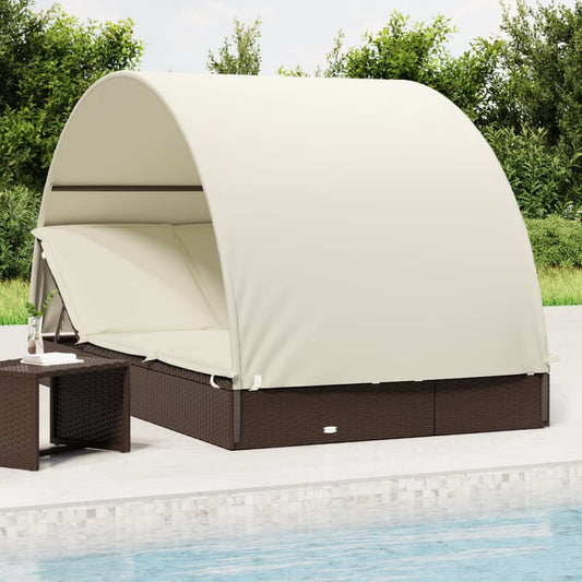 Sun lounger with round roof for 2 people in brown PE wicker
