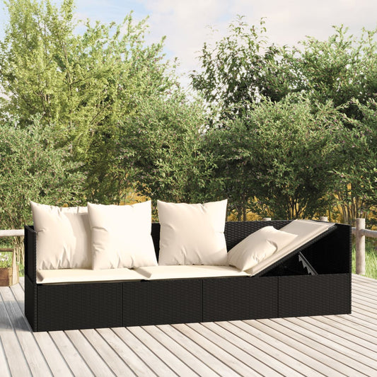 Outdoor lounge sofa with cushions in black poly rattan