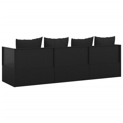 Outdoor lounge sofa with cushions in black poly rattan