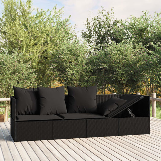 Outdoor lounge sofa with cushions in black poly rattan
