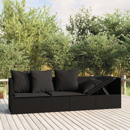Outdoor lounge sofa with cushions in black poly rattan