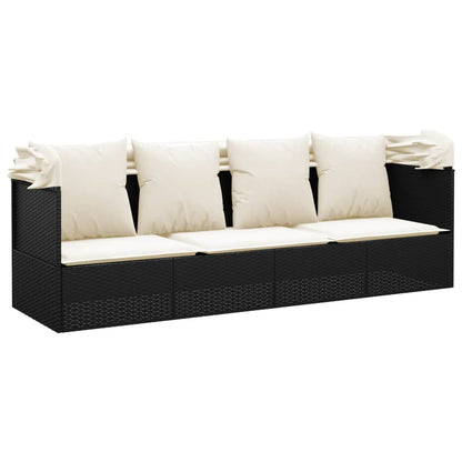 Outdoor lounge sofa with awning and cushions in black poly rattan