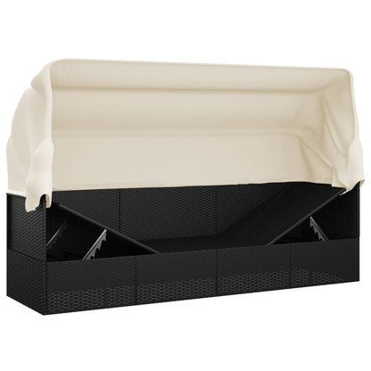 Outdoor lounge sofa with awning and cushions in black poly rattan