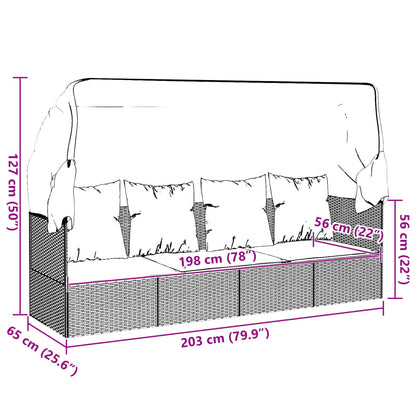 Outdoor lounge sofa with awning and cushions in black poly rattan