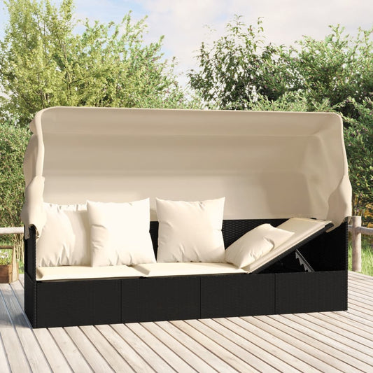 Outdoor lounge sofa with awning and cushions in black poly rattan