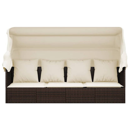 Outdoor lounge sofa with awning and cushions in brown poly rattan