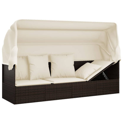 Outdoor lounge sofa with awning and cushions in brown poly rattan