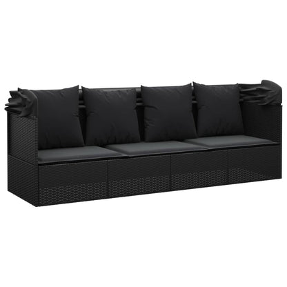 Outdoor lounge sofa with awning and cushions in black poly rattan