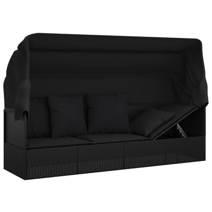 Outdoor lounge sofa with awning and cushions in black poly rattan