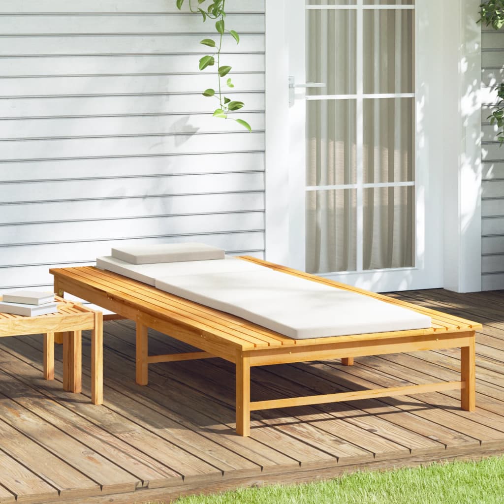 Sun lounger with cushion/cream white cushion in solid acacia wood