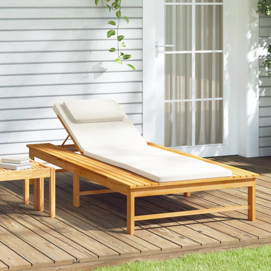 Sun lounger with cushion/cream white cushion in solid acacia wood