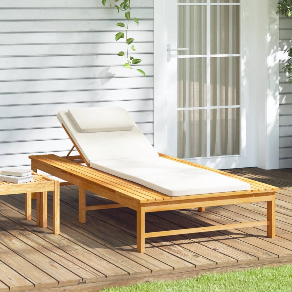 Sun lounger with cushion/cream white cushion in solid acacia wood