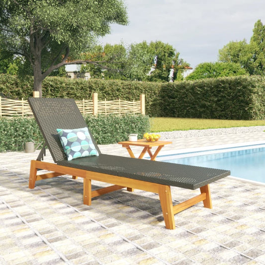 Sun lounger with table made of PE wicker and solid acacia wood