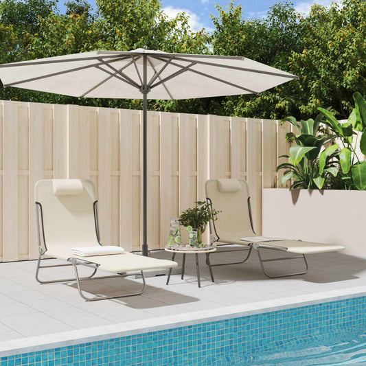 Folding sun loungers 2 pcs textilene and steel cream color