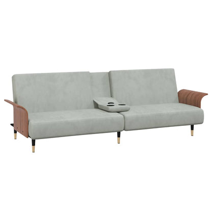 Sofá-cama com suportes para copos veludo cinzento-claro